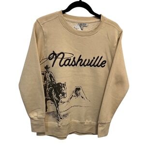 NWT AVRA Nashville Cowboy Horse 3D stitched Graphic Sweatshirt Tan Crewneck  S